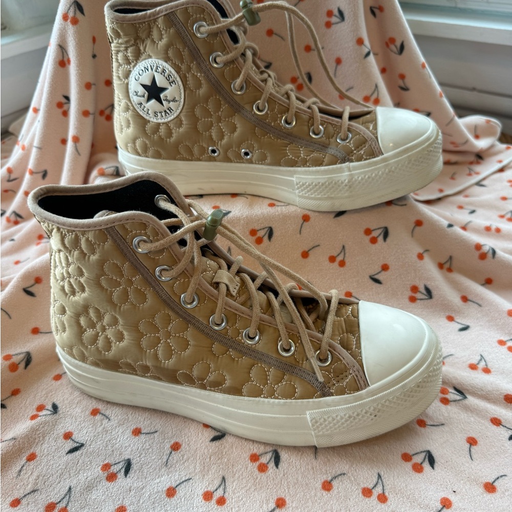Converse Quilted Floral High Top Sneakers in Tan and Cream